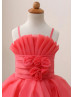 Adjustable Straps Beaded Coral Organza Satin Flower Girl Dress